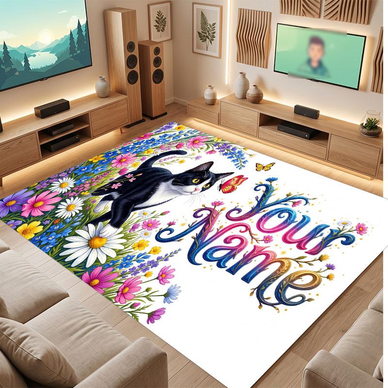 Cat Theme Crystal Velvet Floor Rug Personalized Custom Name Text Warm Carpet Home Decoration