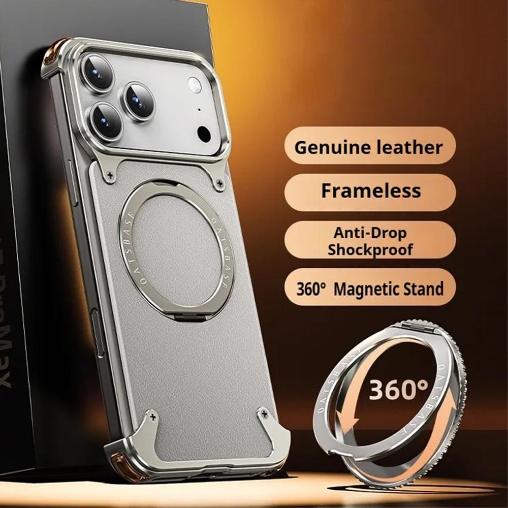 Luxury Genuine Leather for Magsafe Magnetic Wireless Charge Case for iPhone 17 16 15 14 13 Pro Max 360° Rotatable Ring Stand Shockproof Cover