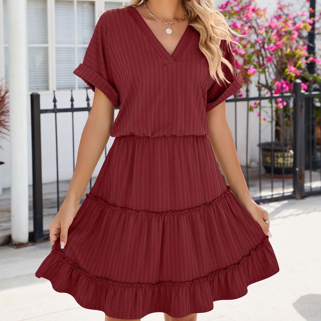 QICED Frühling Sommer Einfarbig V-Ausschnitt Locker Kurzärmelig Patchwork Kleid