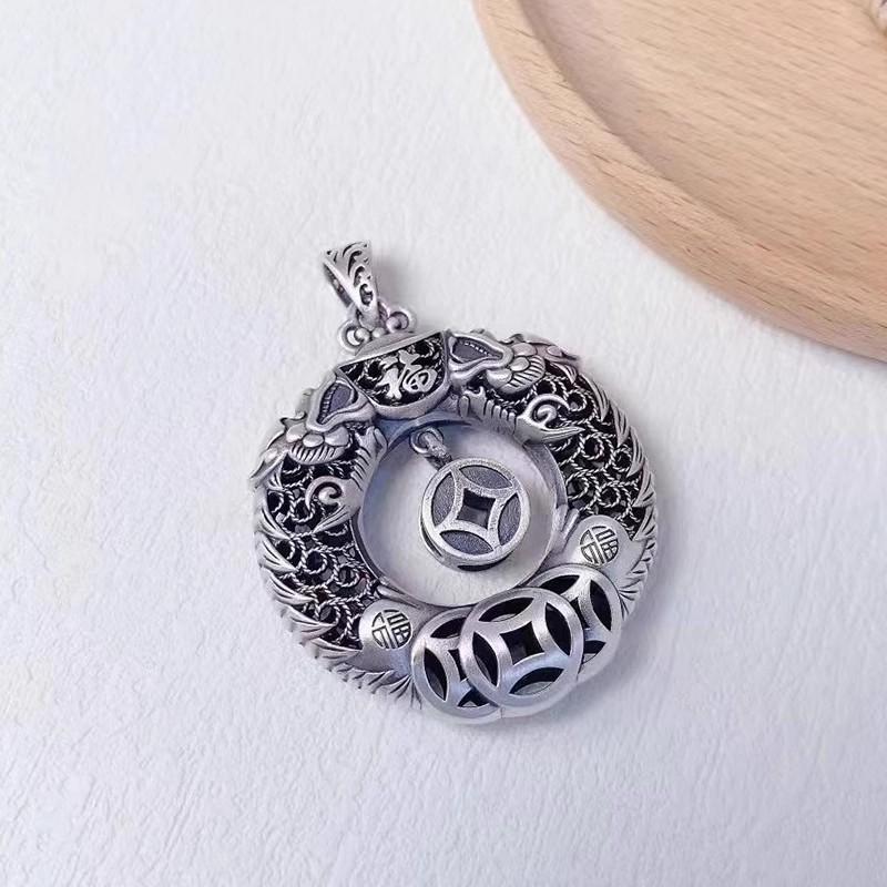 Necklace Double Dragon Playing with Pearls to Protect the Lord and Safe Button Retro Men's and Women's Pendant
