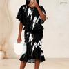 Women Plus Size Red Black Printed Round Neck Batwing Sleeve Ruffle Hem Top Fishtail Skirt Two Piece Set