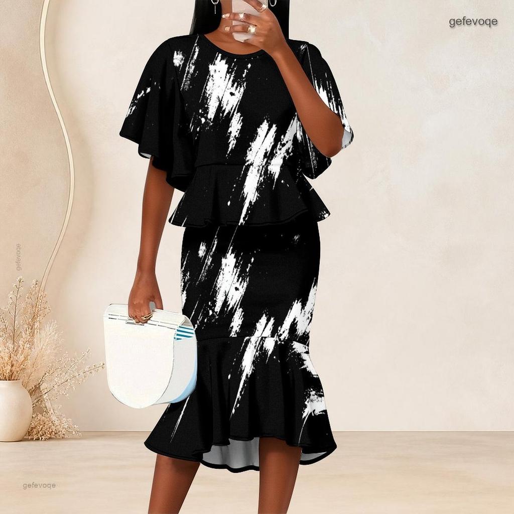 Women Plus Size Red Black Printed Round Neck Batwing Sleeve Ruffle Hem Top Fishtail Skirt Two Piece Set