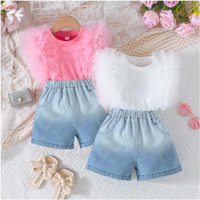 New Girls Pink Mesh Ruffled Sleeveless Top + Gradient Hot Drilled Diamond Denim Shorts Set
