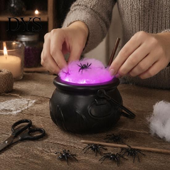 Dark Style Photo Prop Light Up Witch Cauldron DIY Set, Halloween Glowing Black Plastic Bowl with Spiders, Lighted Magic Potion Pot Spooky Hocus Pocus