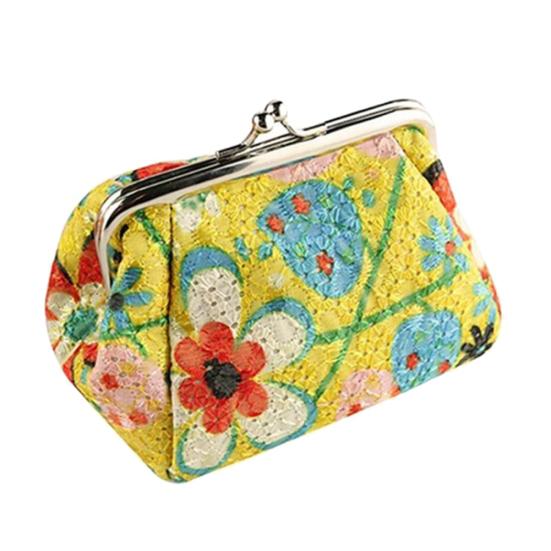 Винтажная цветочная печать Застежка-поцелуй Женская Мини-сумочка Кошелек для денег Кошелек Монета жёлтый