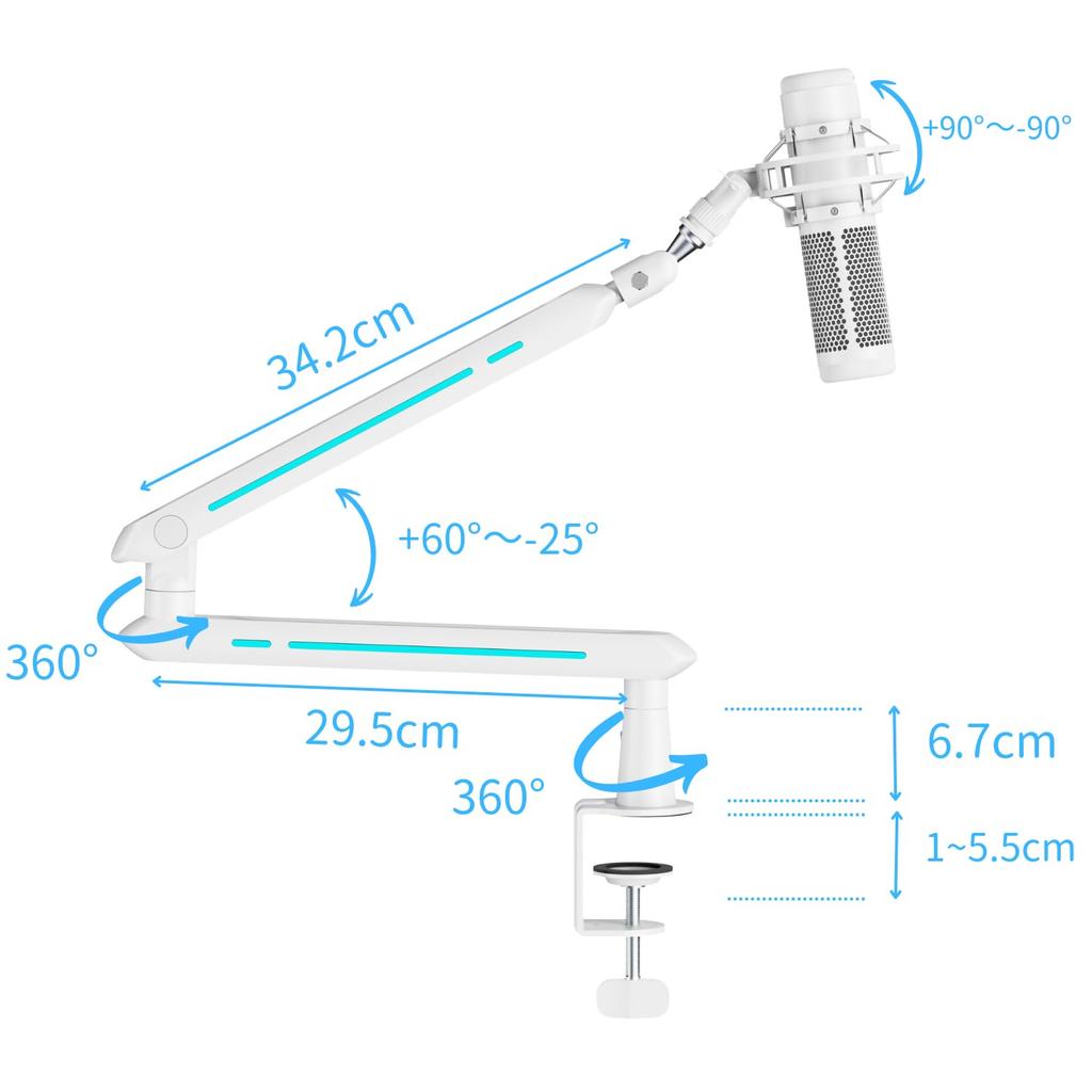 Alterzone ALZ-M5 White/Turquoise Blue Microphone Arm/Stand for Condenser, Dynamic, and Gaming Microphones, Space-Saving Design, 2kg Load Capacity, Inc