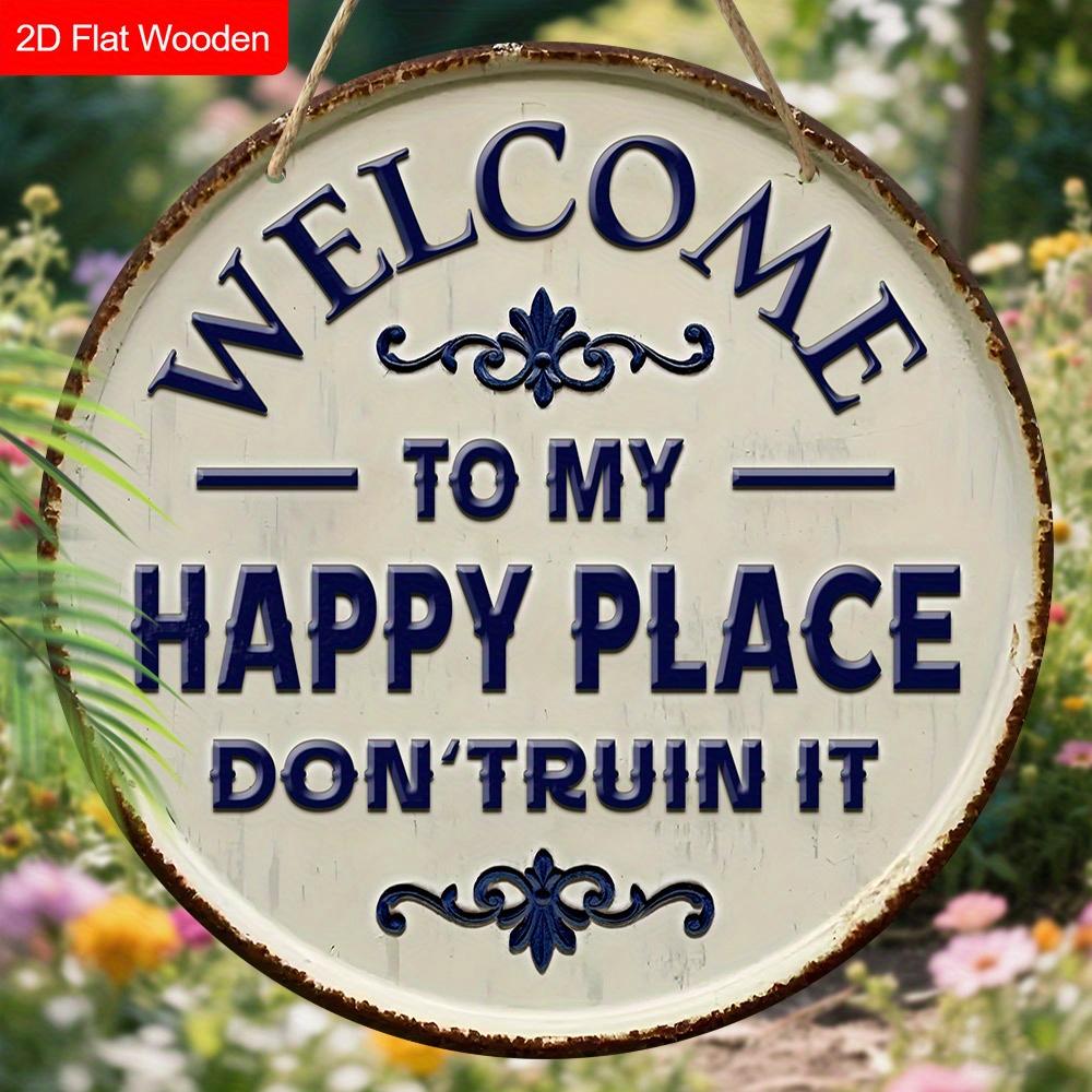 Panneau de Bienvenue en Bois Happy Place - Ornements de Figurines Uniques - Idéal pour Porte d'Entrée, Cour, Porche, Décoration de Pièce