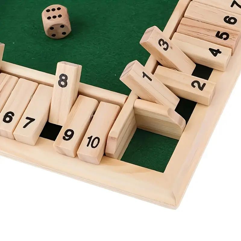 Klasyczna 4-stronna drewniana gra planszowa z 2 kostkami i instrukcjami Shut-The-Box, wersja stołowa i pubowa