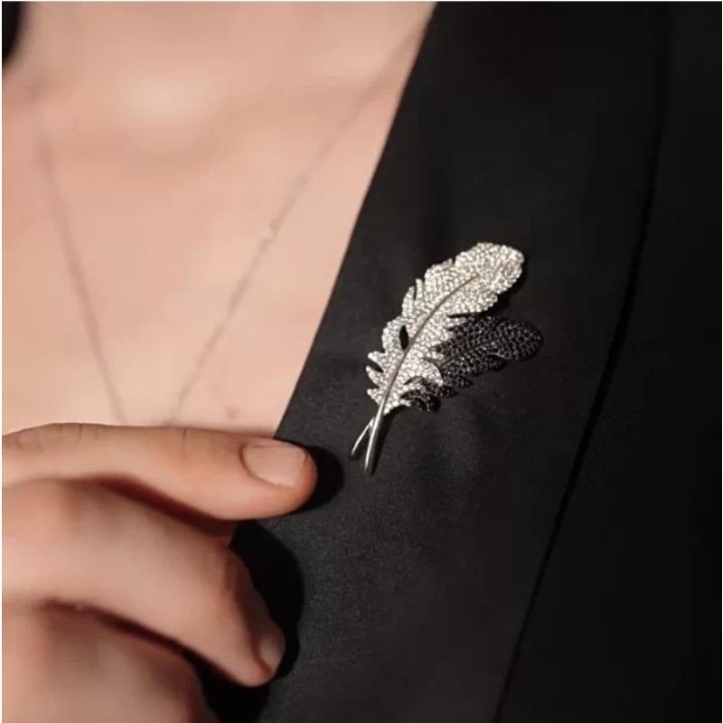 Black and White Feather Minimalist Stud Elegantly Set with Diamonds Feather Brooch Unique Design Pin
