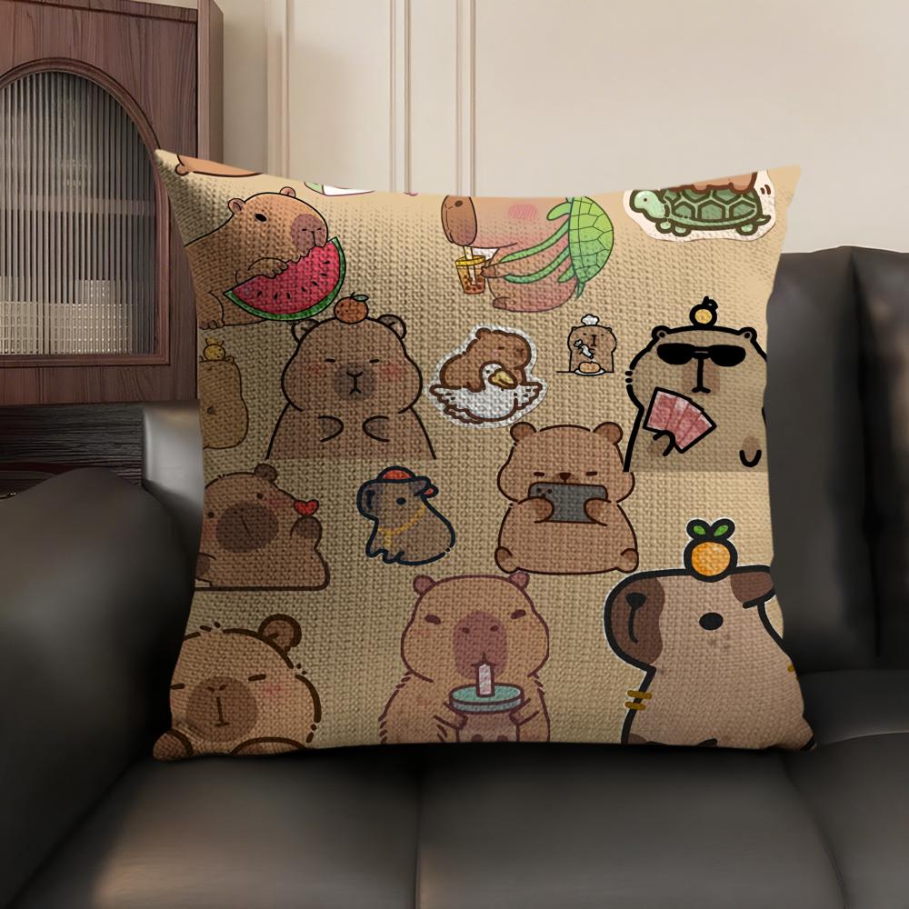 Capybara Cartoon Cute Cushion Cover Natural Linen Organic Fabric DoubleSided Printing Sofa Home Decor Gift Pillow Case