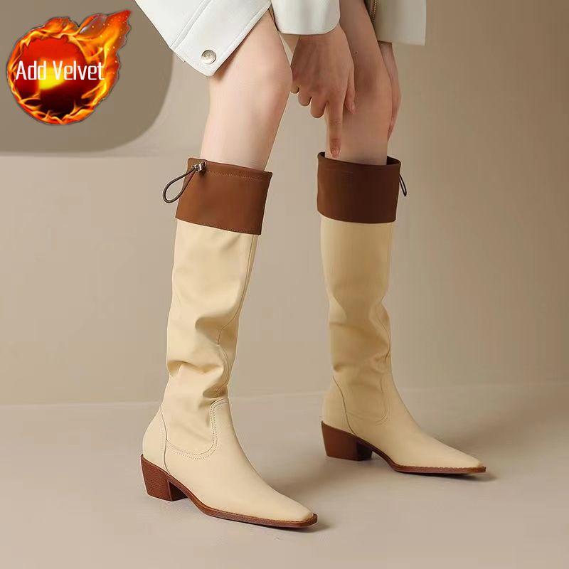 Fashion Square Toe Leather Color Blocking Middle Heel Knee High Shaft Shoes Woman Autumn Winter Chic and Elegant Pu Long Boots for Women