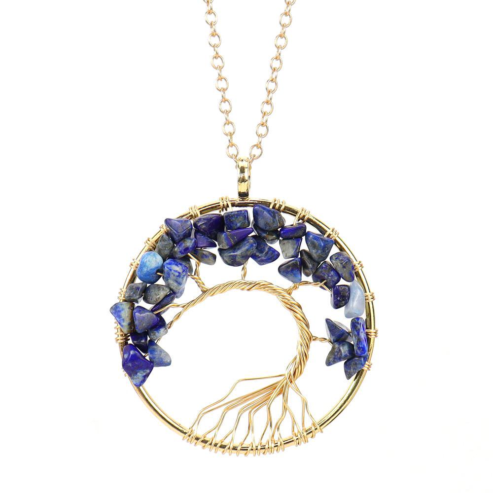 Gold Wire-Wrapped Tree of Life Necklace with Natural Crystal Crushed Stone