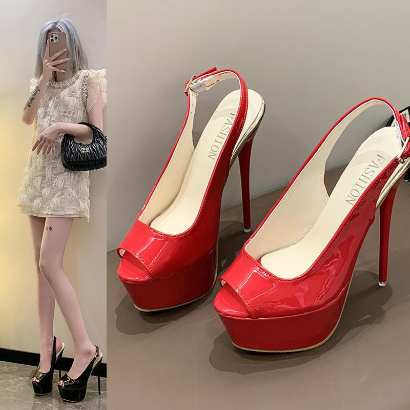 Super high heels single shoes women 2025 summer fish mouth platform stiletto patent leather sandals women large size women high