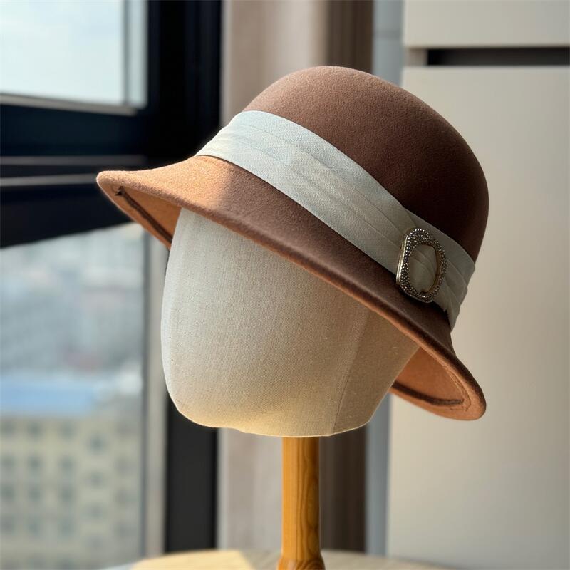 French retro top hat Hepburn style casual versatile elegant woolen bucket hat fashion celebrity bucket hat trend