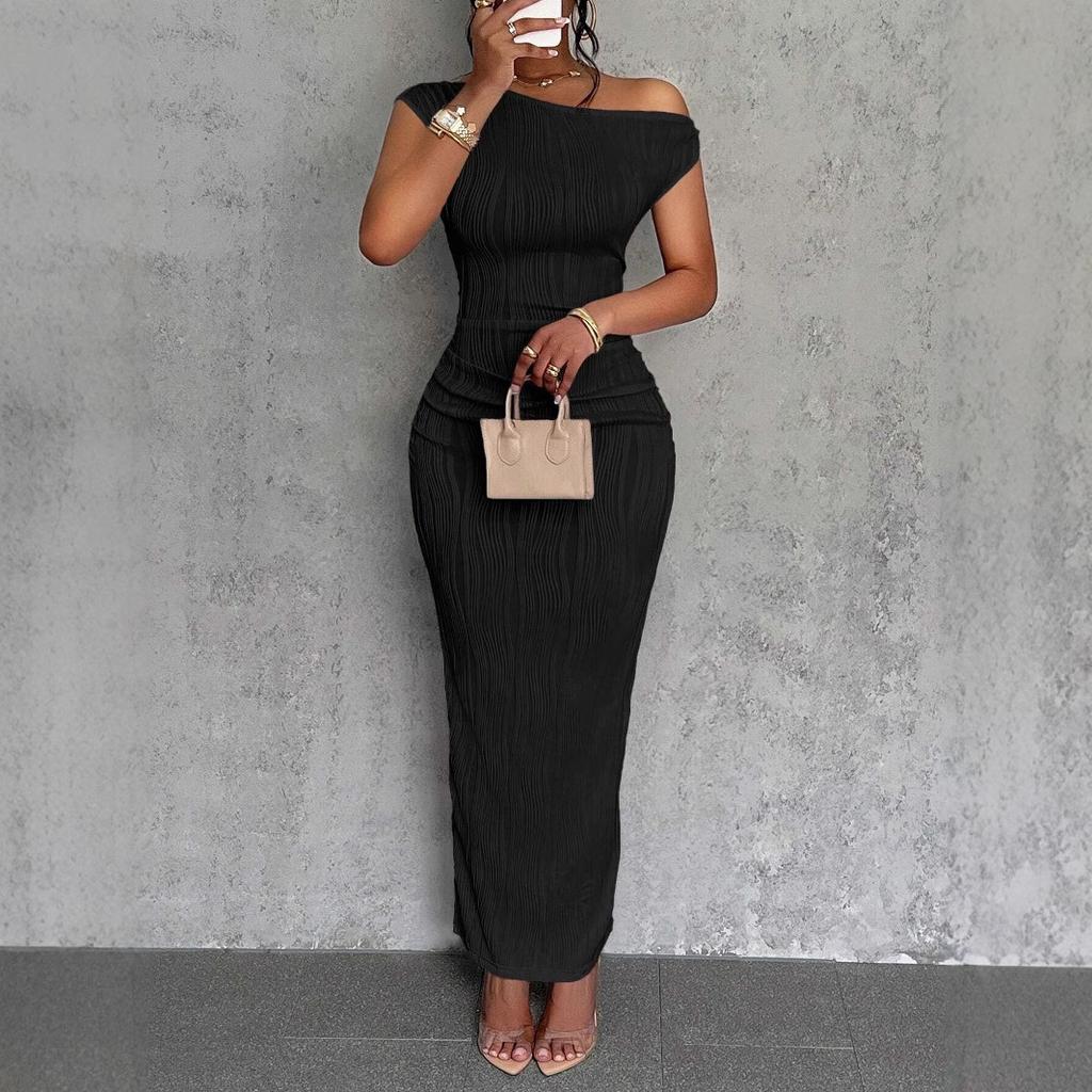 Women's Off Shoulder Textured Bodycon Maxi Dress Slim Fit Evening Party Long Dress