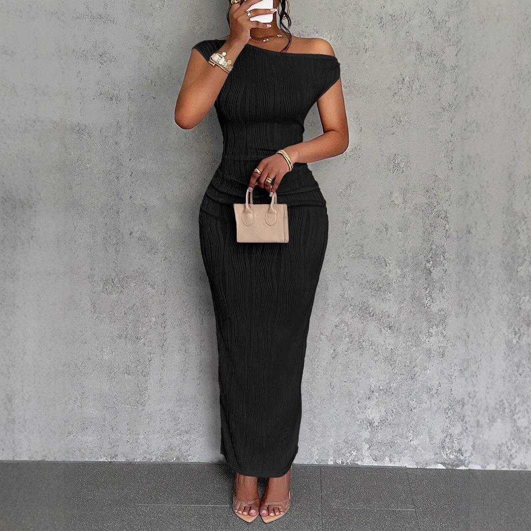 Women s Off Shoulder Textured Bodycon Maxi Dress Slim Fit Evening Party Long Dress S чёрный