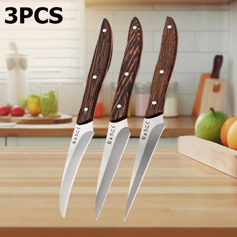 WXCOO 3pcs Stainless Steel Food Carving Knife Kitchen Fruit Peeling Utility Knife Professional Chefs Carving Knife Wood Handle