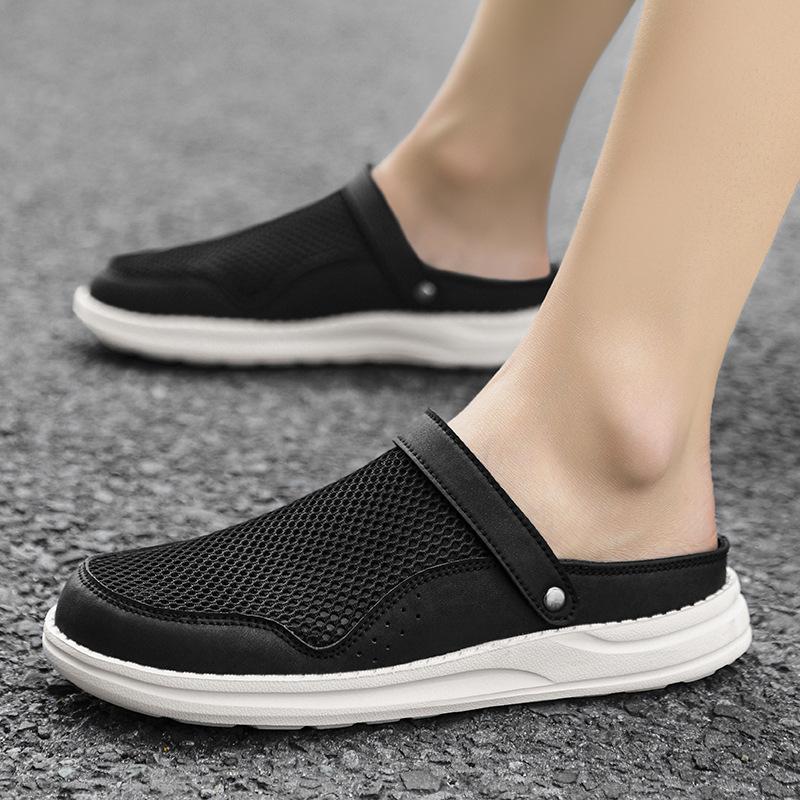 Baotou Mesh Sandals for Men Wear Soft Soles, Large Size Holes, Hollowed Out and Breathable, Light Half Slippers, Summer Wear