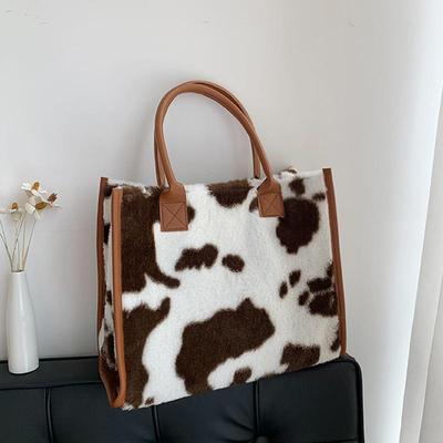 Women Winter Warm Soft Plush Shoulder Bag Fashion Leopard Cow Pattern Faux Fur Shopper Totes Large Capacity Handbag