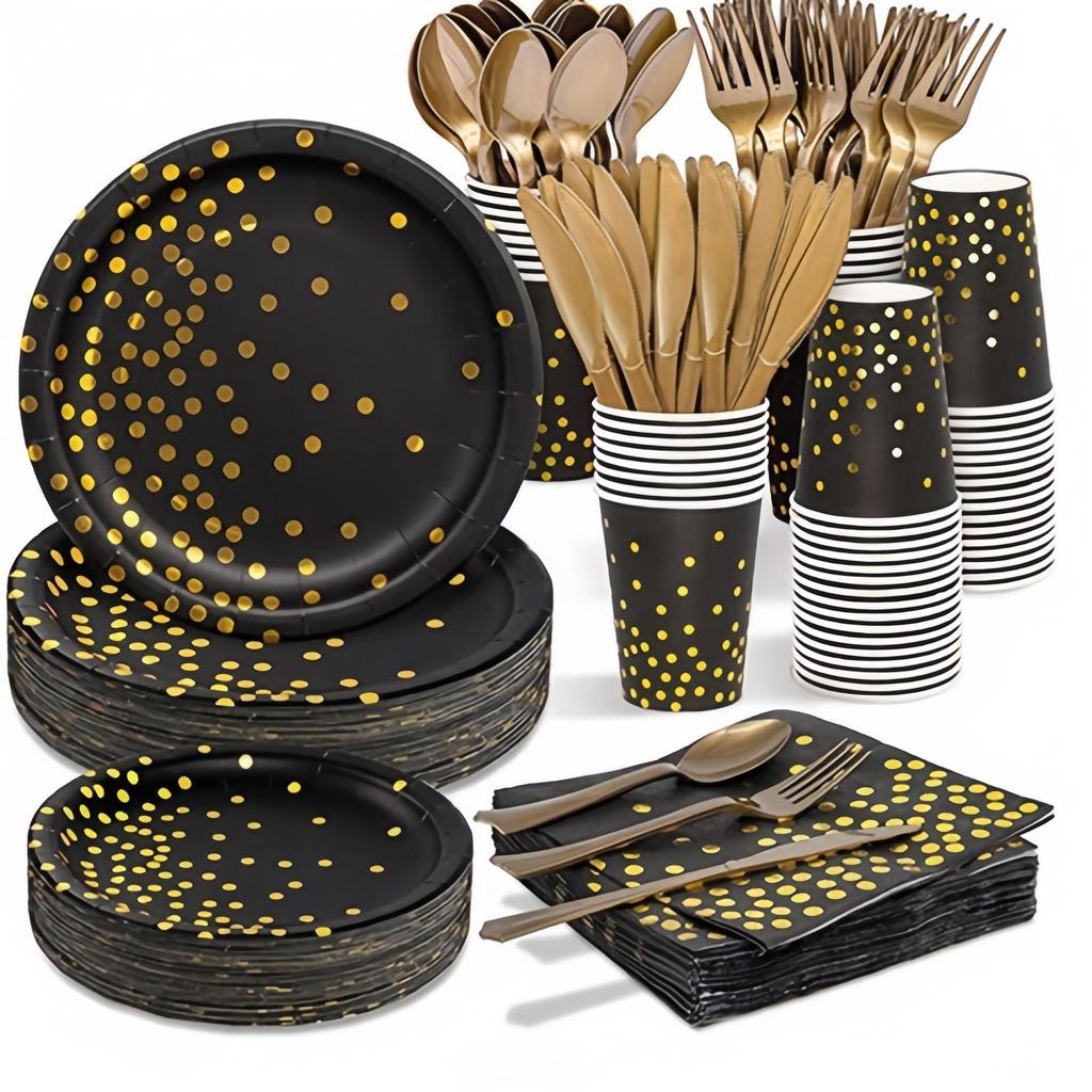 Gold Dot Black, White & Powder Blue Party Supplies: Disposable Plates, Cutlery, Napkins & Tablecloth.
