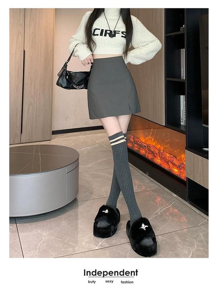 2024 Autumn/Winter Korean Style PU Leather High Waist Midi Skirt for Women