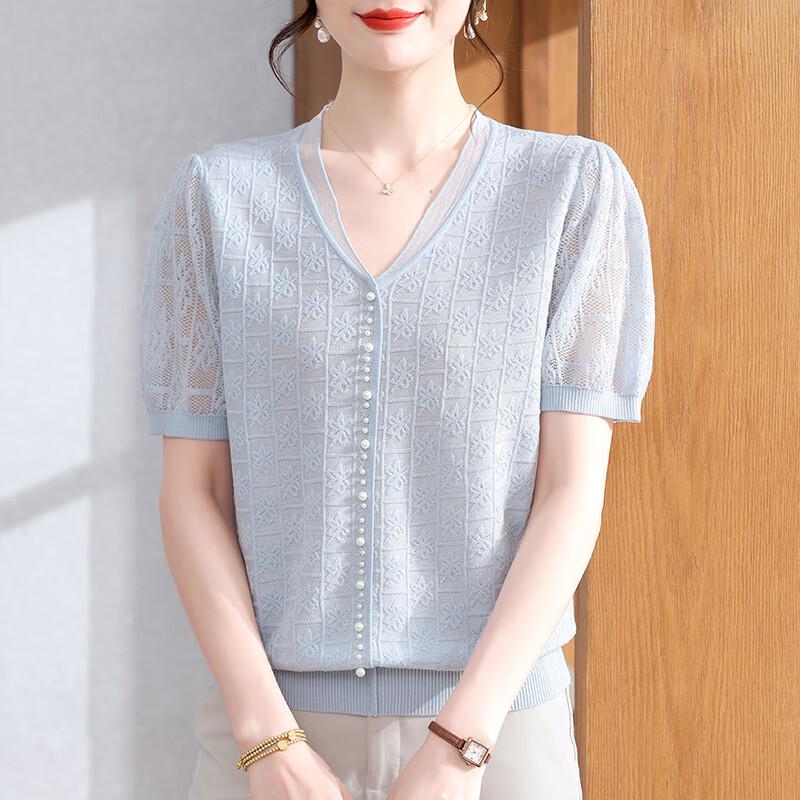 XUEXI Women s Elegant Ice Silk Knit Short Sleeve Top 2XL