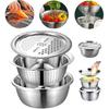 Germany Multifunctional Stainless Steel Basin,Stainless Steel Bowl With Grater Lid,5 In 1 Vegetable Cutter With Drain Basket, Grater Strainer And