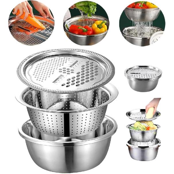 Germany Multifunctional Stainless Steel Basin,Stainless Steel Bowl With Grater Lid,5 In 1 Vegetable Cutter With Drain Basket, Grater Strainer And