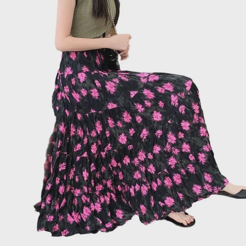 2024 French Retro Floral Pleated High-Waist Maxi Chiffon Skirt