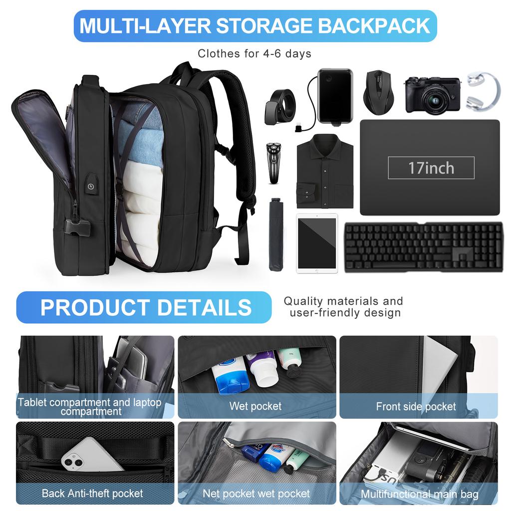 Men'S Minimalist Business Travel Backpack Large Expandable 17 Inch Laptop Backpack Anti-Theft Trip Luggage Bag With Usb Charging Quality