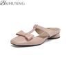 Fashion Bow Square Toe Slippers Mules Heeled Sandals Women Casual Loafers Shoes Woman 2025 Trend Summer Pumps Soft Leather Flip Flops