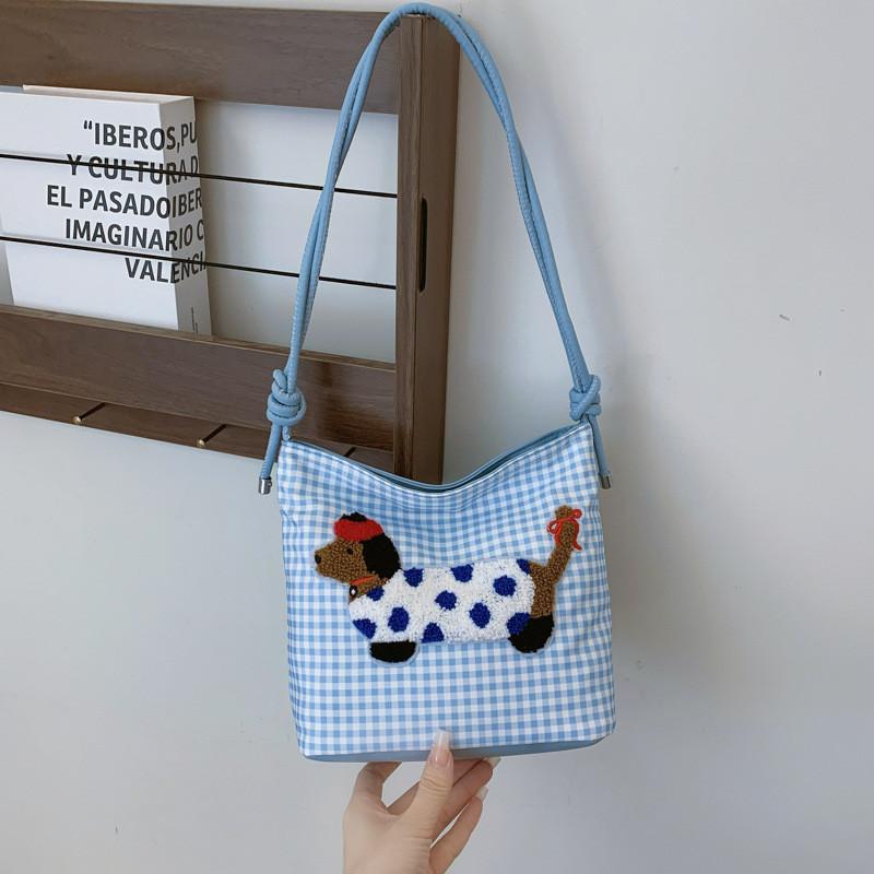 Fashionable Medium Sized Bucket Bag With Soft Canvas Material And Adorable Polka Dot Dog Design Plaid Dot Dog