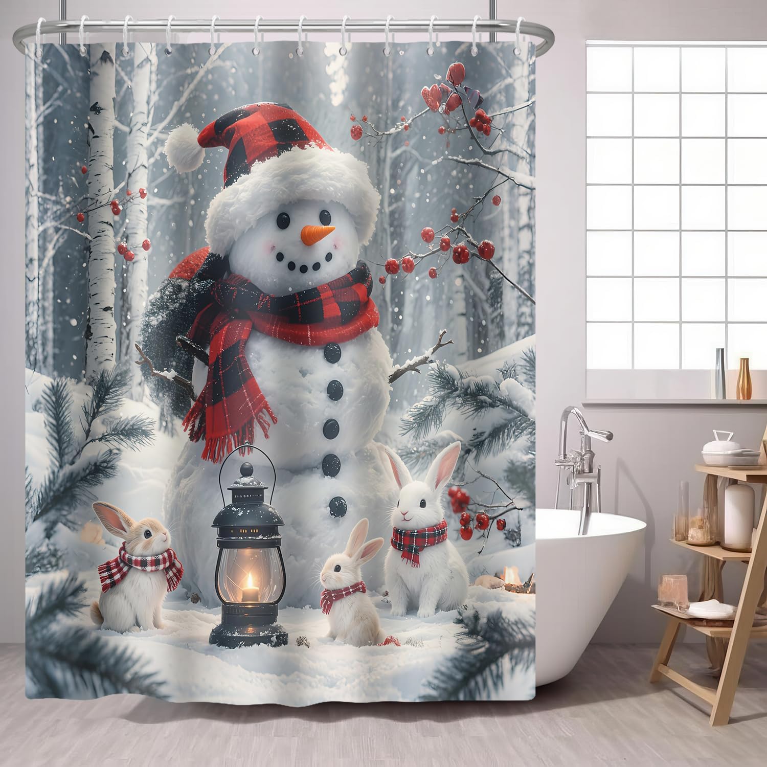 

Pine Tree Red Bird Shower Curtain Green Winter Forest Cardinal Snow Berry Christmas Theme,Country Holiday Fabric Shower Curtai 90x180cm