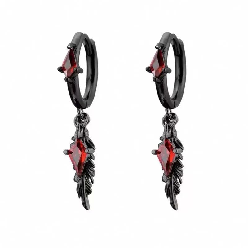 1Pc Gothic Black Feather Drop Earrings for Men Women Punk Red Zircon Geometric Personality Ear Buckle Earrings Y1K Jewelry Gifts