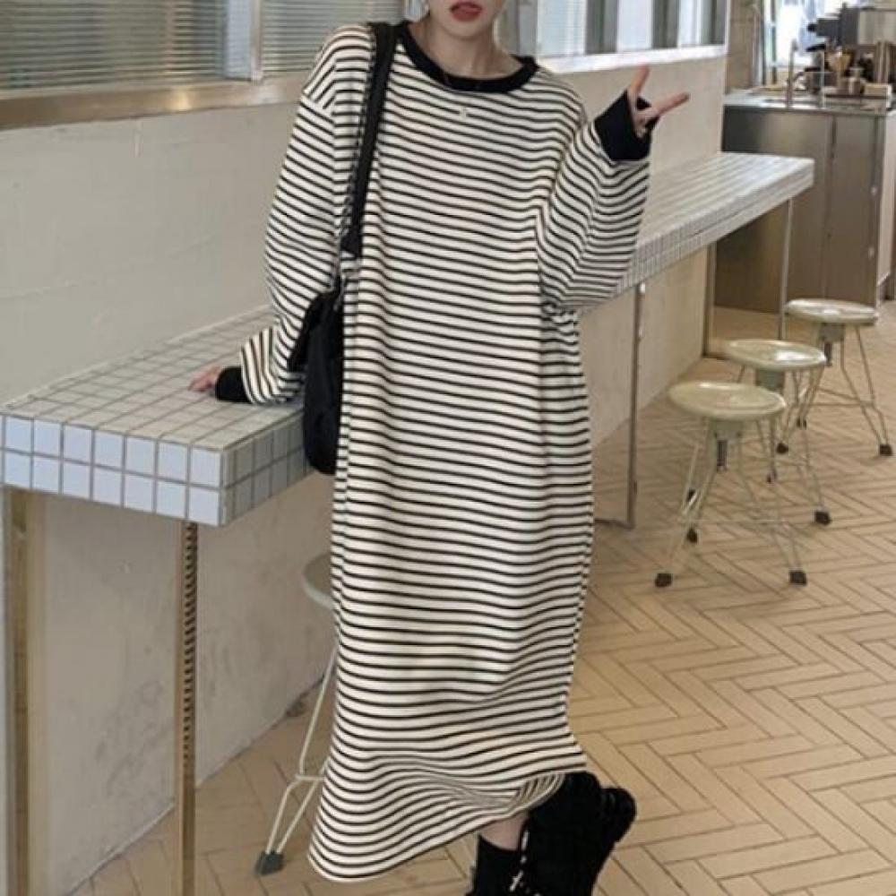 Navava Casual Striped Long Sleeve Round Neck Dress No864