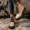 Block Heel Platform Booties Fashion Round Toe Lace-up Side Zipper Soft Sole Anti-Slip Wear-Resistant Women's Shoes
