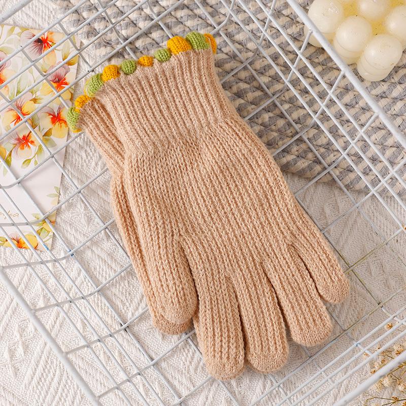 Small Jelly Bean Knitted Wool Gloves Female Winter Finger Cute Solid Color Warm and Cold Cycling Student