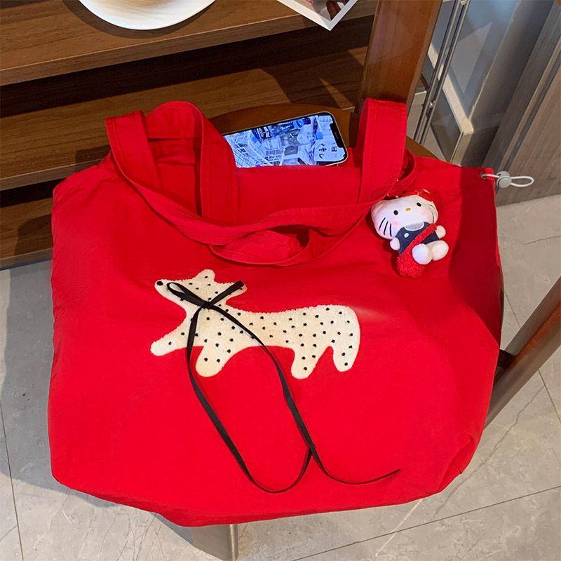 

Bows Puppy Canvas Bag Female 2025 New Arrival Large Capacity Drawstring Shoulder Bag Idle Style Commuter Tote Red