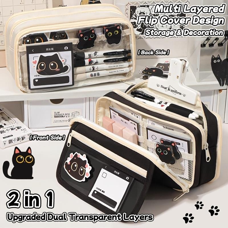 13 Layers Large Capacity Black Cat Pencil Case Clear Window Stationery Bag Cute School Birthday Gift