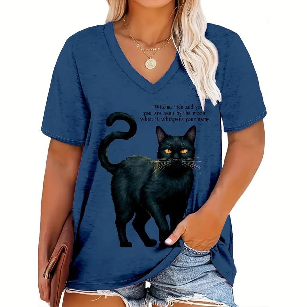 Dámská trička Kočky Tisk Ležérní Výstřih Krátký rukáv Volný Top Dámské Kreslené Oblečení Zvířata Móda Dívčí trička nadměrné velikosti
