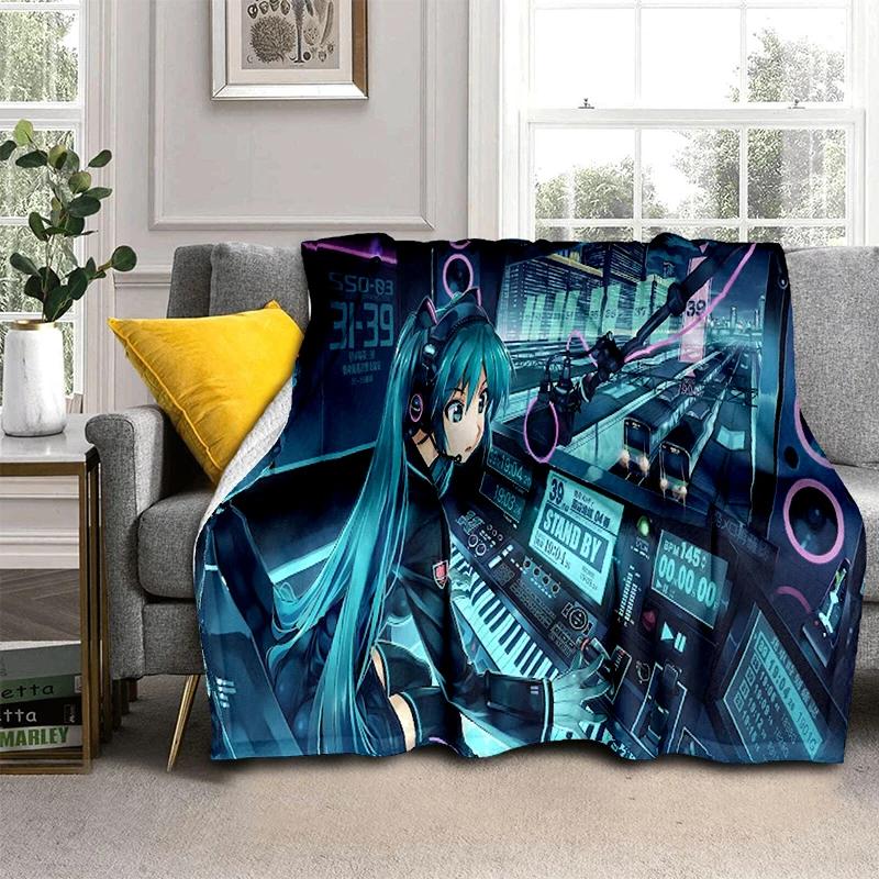 3D M-MIKUS Music VOCALOID Cartoon Girl Soft Plush Blanket,Flannel Throw Blanket for Living Room Bedroom Bed Sofa Cover Gift