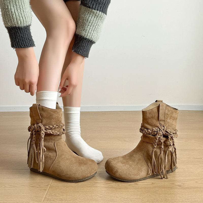 Retro fringed short boots women's autumn new temperament versatile round head stacking boots inner heightening western boots