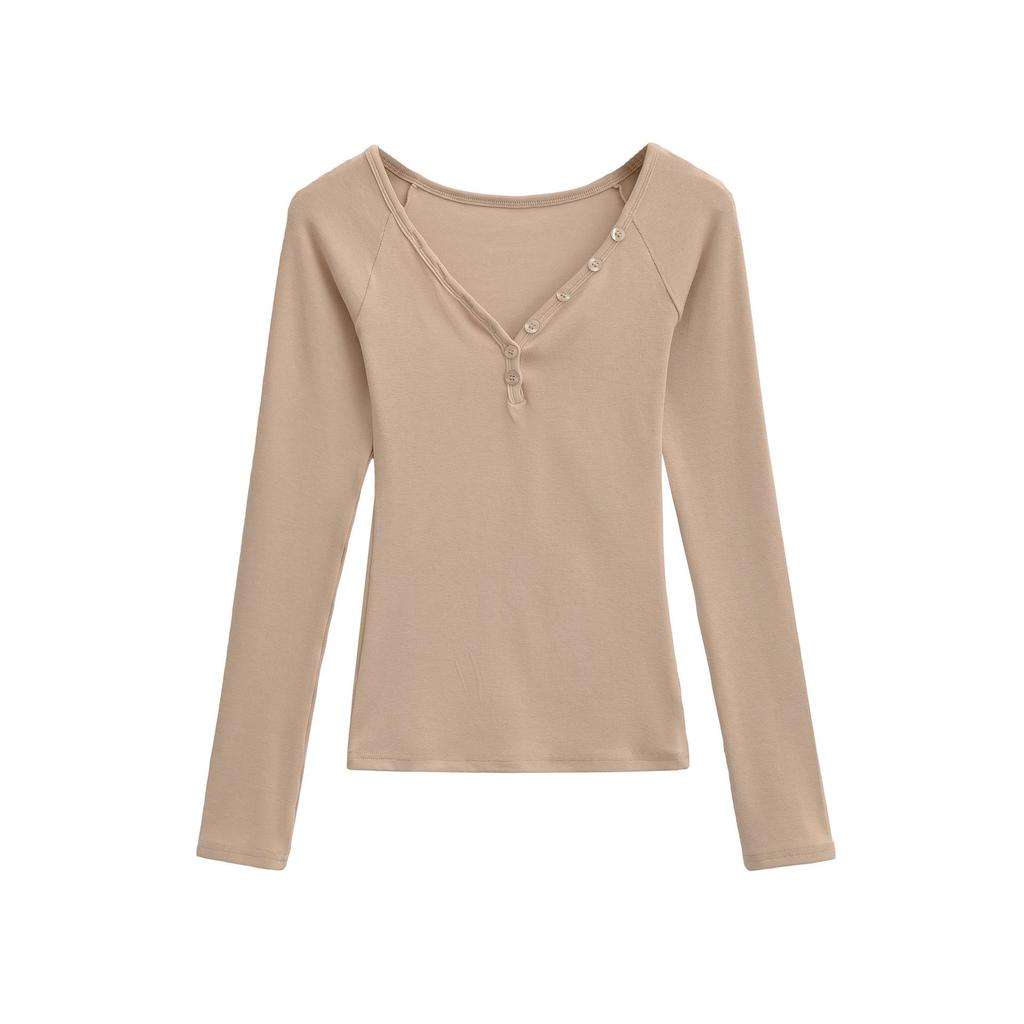 Spicy Girl Cashmere Heart Neck Slim-Fit Button-Up T-Shirt for Autumn/Winter 2025