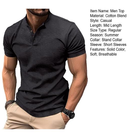 Camicia Estiva da Uomo Girocollo Maniche Corte Monocolore Pullover Bottoni Morbida Traspirante Casual Lunghezza Media Top da Lavoro Quotidiano da Uomo