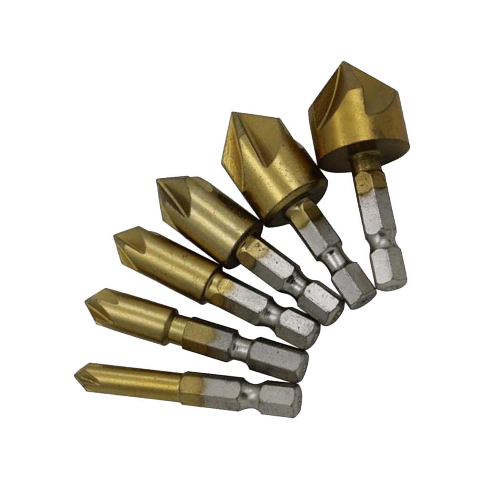 7PCS Door Self-Centering Hinge Drill Bit 6pcs Hex Shank 90 Degree 5 Flute Chamfering 6mm-19mm 4PCS HSS Countersink Set 3mm-6mm