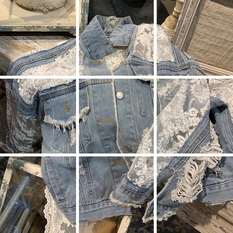 Women's Summer Lace Spliced Denim Jacket - Casual Fairy Style with Mesh Embroidery and Ripped Details
