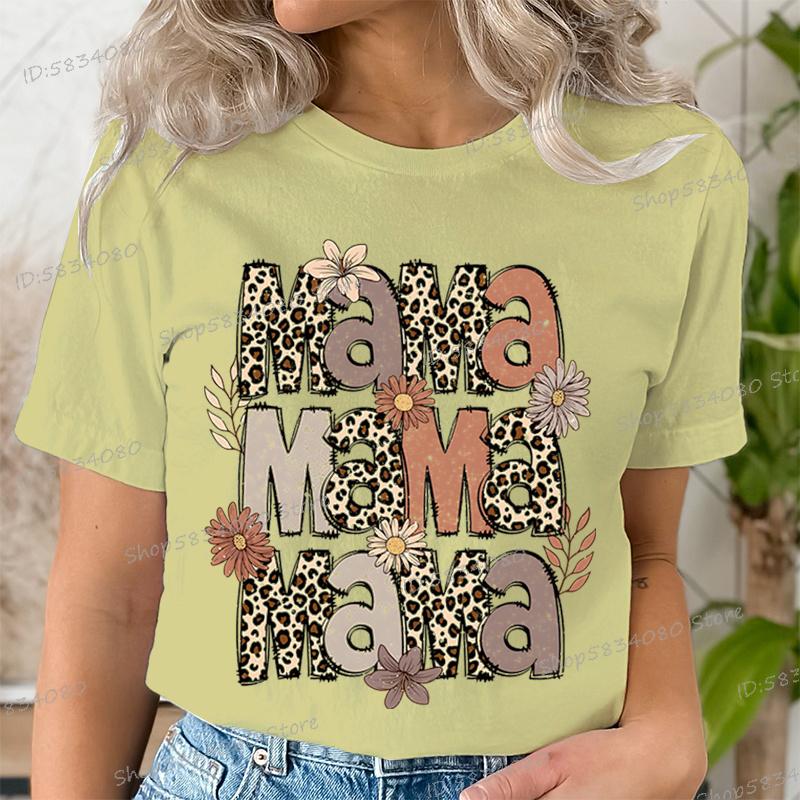 Fashion Funny Leopard Mama Flower Print Kids Short Sleeves T-Shirt Loose Casual Summer Outdoor Street Boy and Girl Tees Tops