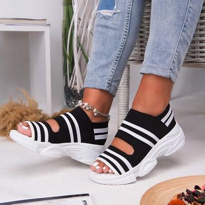 Women's Shoes Knitted Sandals Women's Summer Flat Bottomed Elastic Thick Soled Sports Fish Mouth Shoes