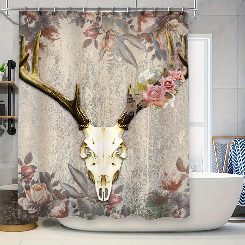 

Винтажная шторка для душа с изображением черепа оленя и цветочным узором, идеально подходящая для деревенского декора ванной комнаты 90x180cm