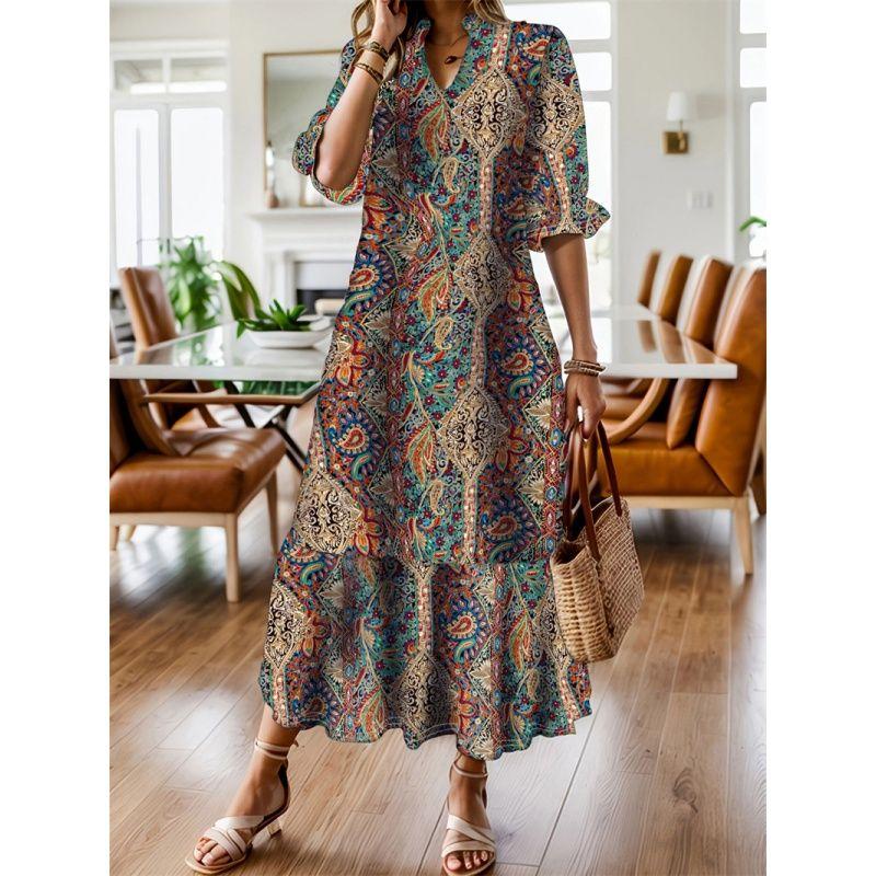 XL-5XL Women Dress Plus Ladies Skirt Spring/Summer Print V-neck Plus Size Dresses Women